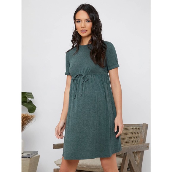 Maternity short sleeve Knot Waist mini Dress olive green - Picture 8 of 12